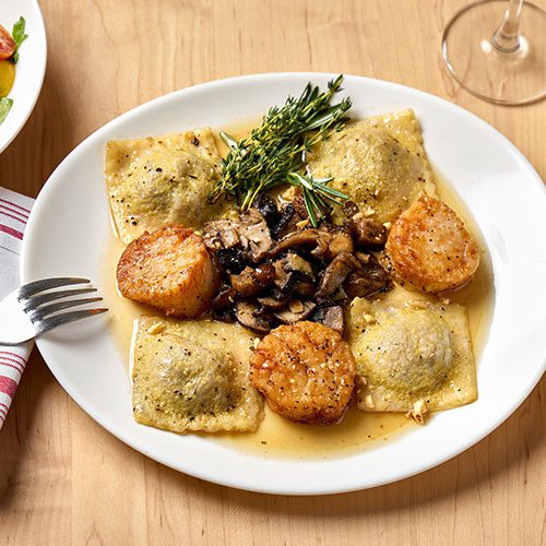 Mushroom Ravioli with Scallops